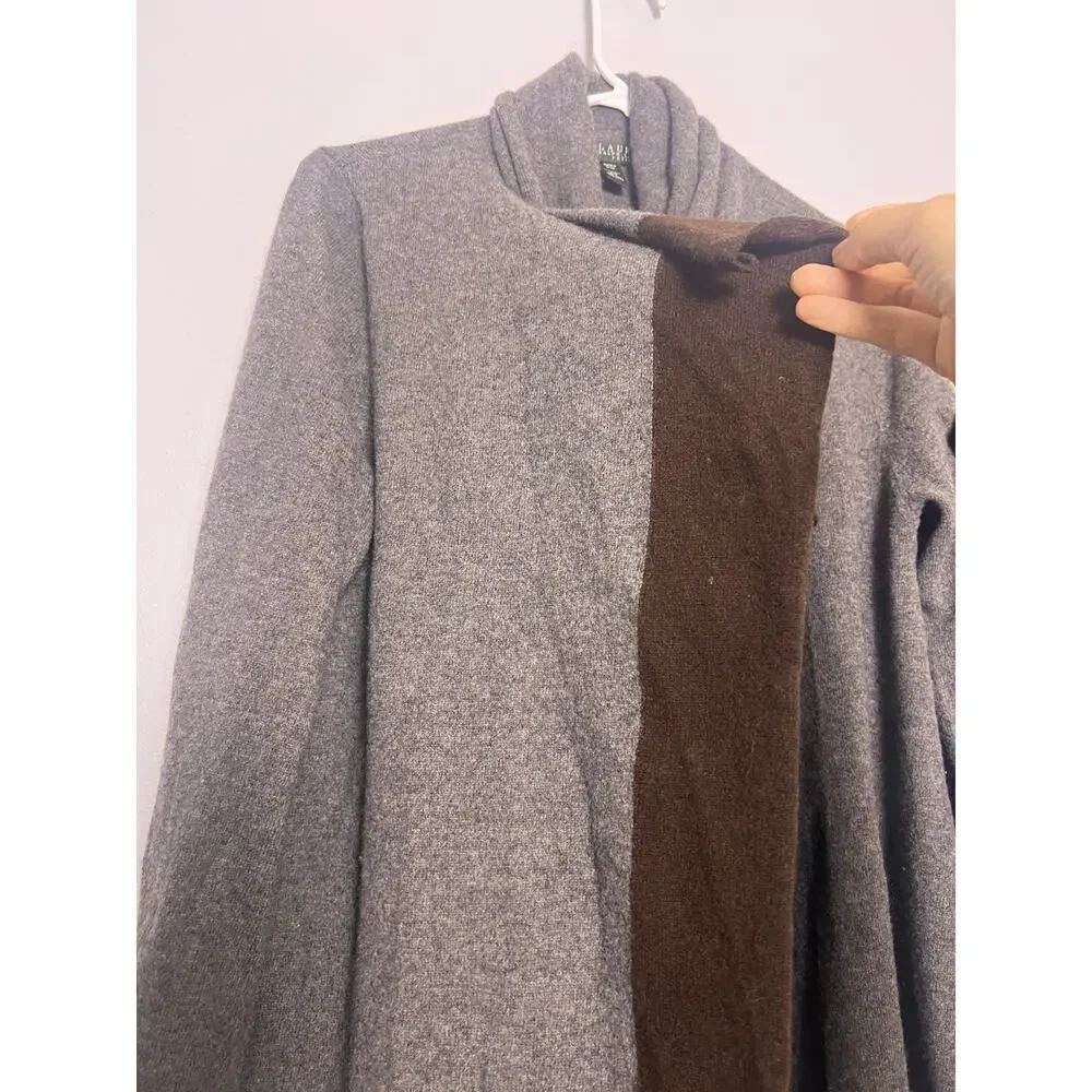 LRL WOMENS Wool Cashmere Open Front Cardigan Tie Gray Brown Sz S Long